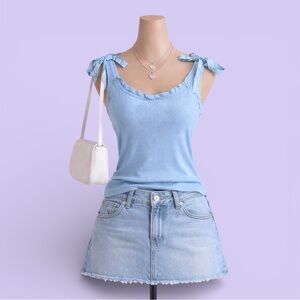 A New Day Blue Ribbed Tie Strap Tank Top Size XS Coquette Minimalist Summer Chic